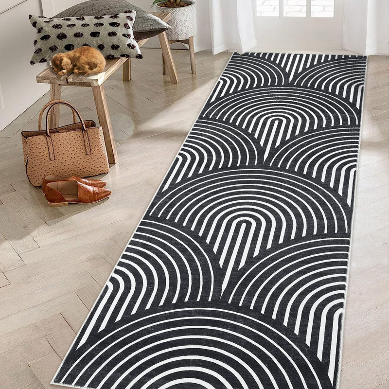 Jilliana Washable Geometric Machine Woven Polyester Area Rug in Black, Runner 2' x 6'