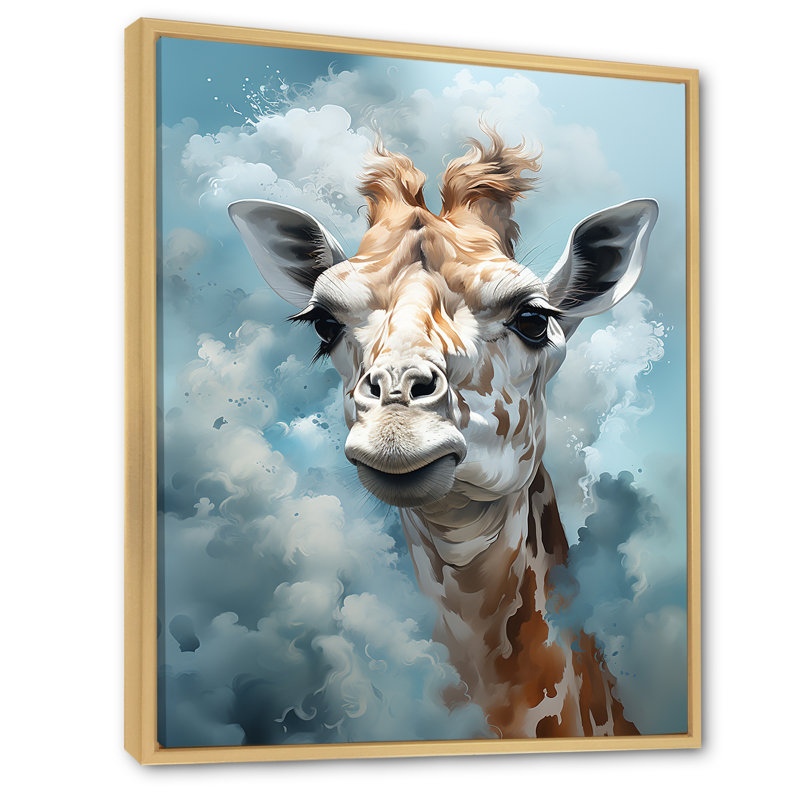 Girafes bleues en harmonie sur toile, Cadre naturel flottant, 32" H x 24" W