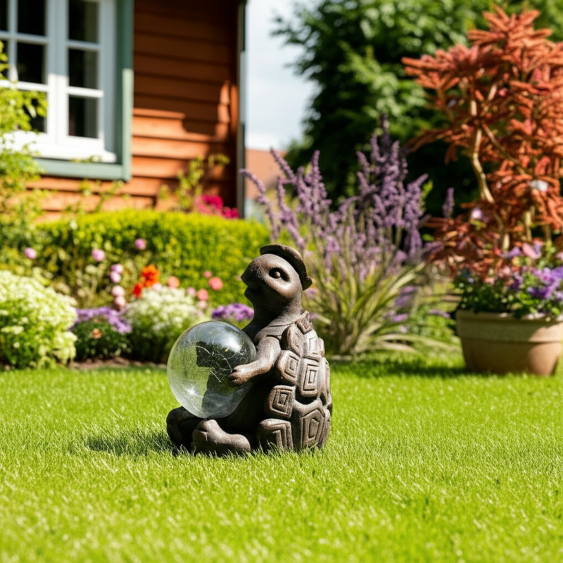 Kalyse Resin Garden Statuary with Solar LED Crackled Glass Ball - 7" Bronze Metallic Finish for Home and Garden Decoration