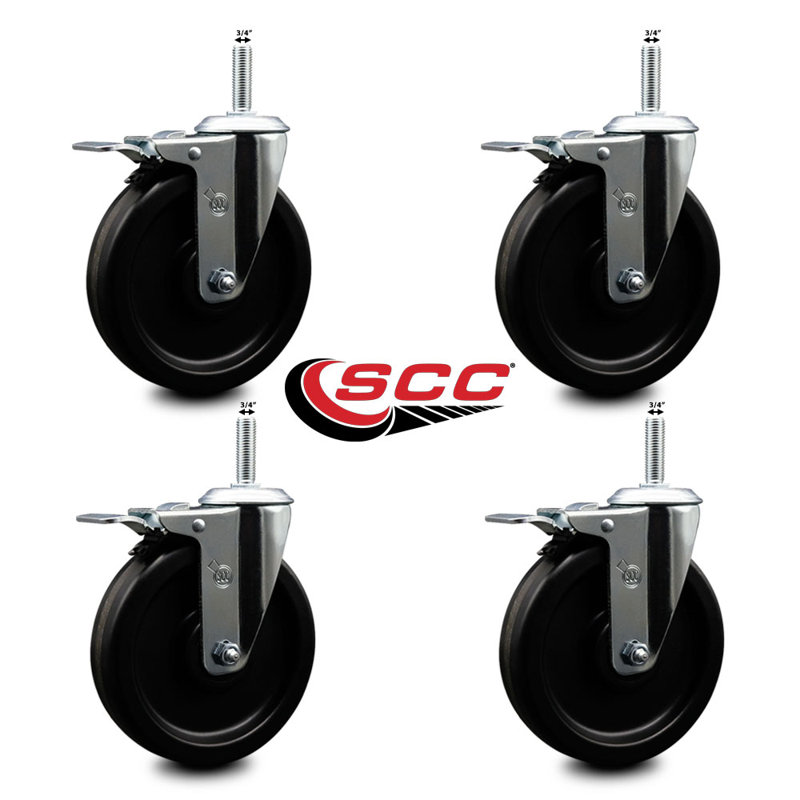 Ensemble de roulettes à tige filetée pivotante de 6 po et 3/4 po avec frein Total Lock
