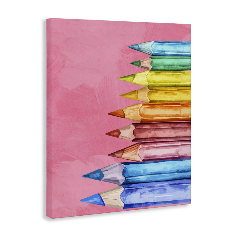 Crayons éclatants sur toile rose, design par Kim Allen, H 48 po x l 36 po