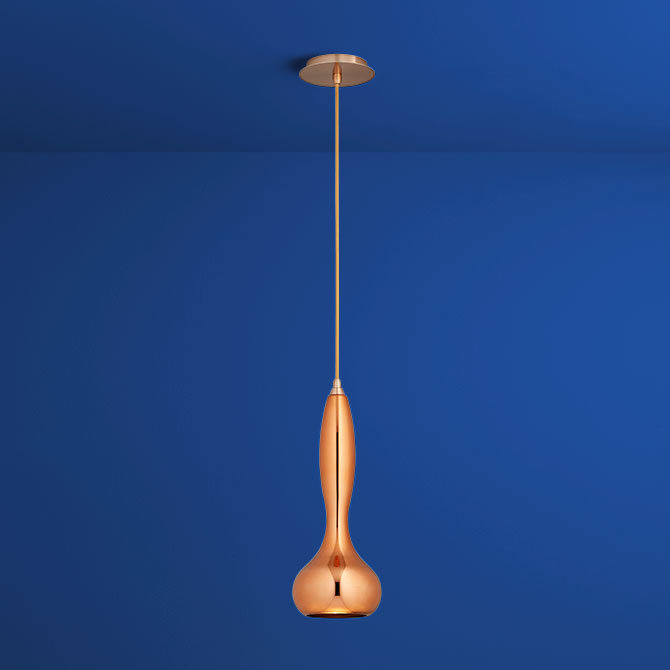 Luminaire suspendu en forme de goutte d'eau 1 lumière, Cuivre satiné, Verre couleur de cuivre