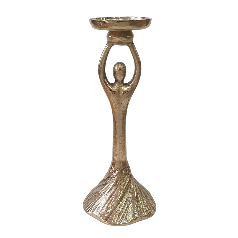 Gold Aluminum Pillar Holder With Abstract Lady Design, 11.5" H x 4.5" W x 4.5" D