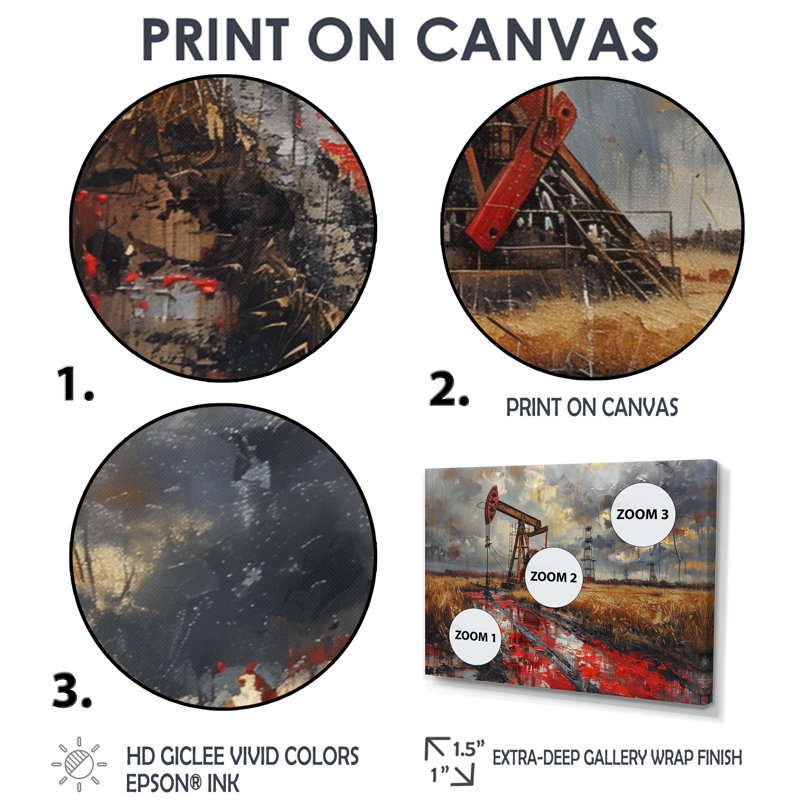 «Red Winter Oil Fields Industrial Icon I» - Art mural, Canevas, H 40 po x l 60 po x P 1,5 po
