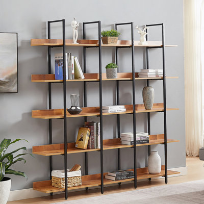 5 Tier Bookcase Home Office Open Bookshelf, Vintage Industrial Style Shelf, MDF Board, Black Metal Frame, Brown (Old Sku:WF300935AAB/N725P247766B)