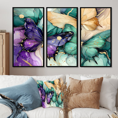 Émeraude et mauve papillon, composition II - ensemble d'art mural papillon