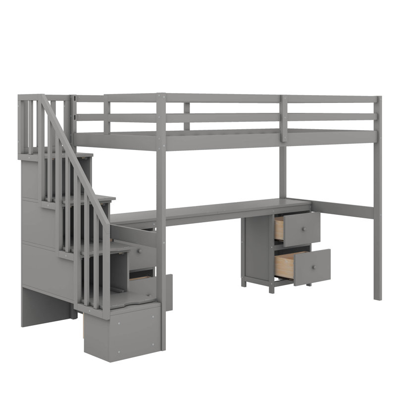 Twin Size Loft Bed Frame With Built-In Desk And Double Drawer, Gray