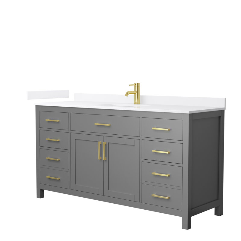 Meuble-lavabo simple autoportant de 66 po avec plateau en quartz Beckett, Gris foncé, Or brossé, Quartz blanc