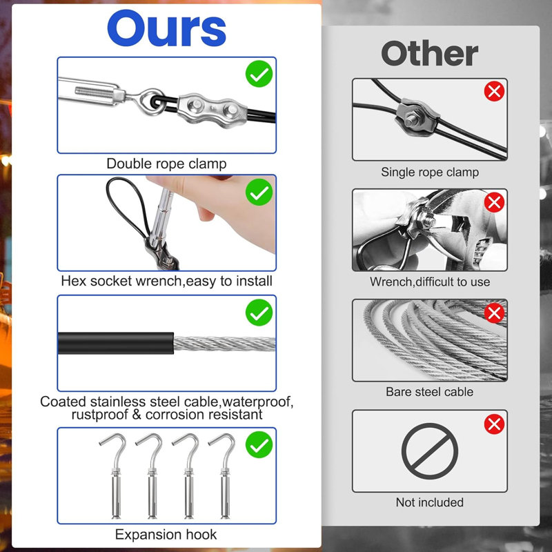 Ensembles de guirlandes lumineuses, cordage en acier inoxydable 304 de 300 pi