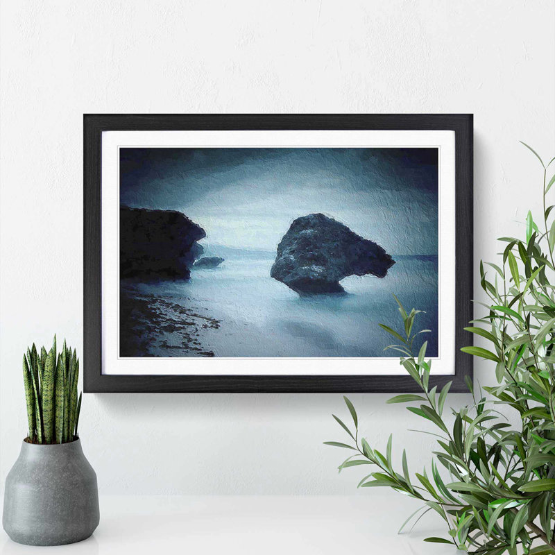 Rock Formations upon a Beach in Barbados - Picture Frame Painting Print, Black Framed, 48cm H x 65cm W x 2cm D