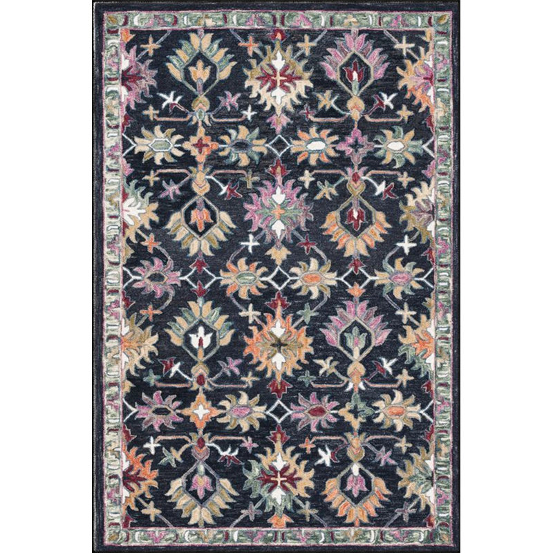 Black Tone Floral Knotted Woven Base Washable Rug, Rectangle 3'4" x 6'7"