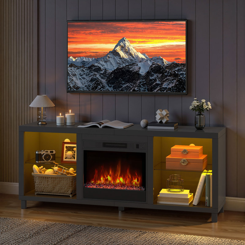 148cm W TV stand cabinet with electric fire, 6800 BTU for rooms up to 30 sq. m., Black