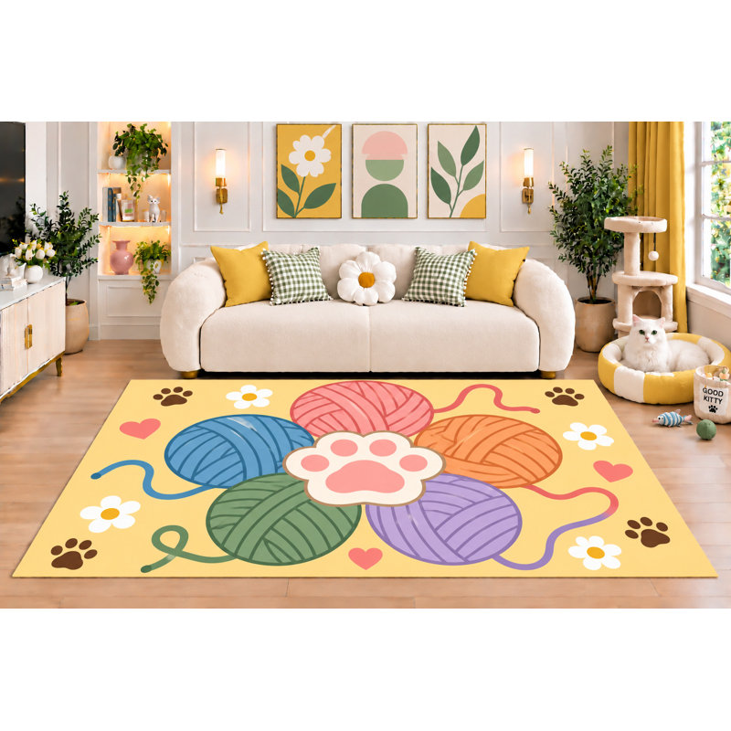Tapis ultra fin 152 x 213 cm (5 pi x 7 pi) à motif floral et pelotes de laine jaune, avec cœurs et pattes de chat colorées. Décoration florale pour chambre d'animal de compagnie. Dos antidérapant en silicone.