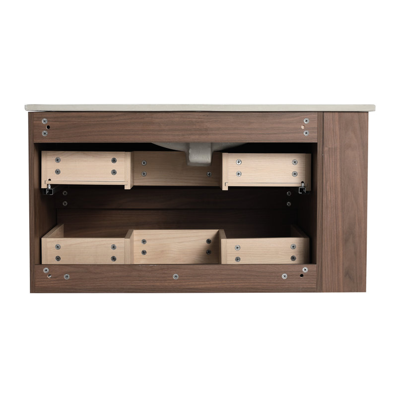 36" Bathroom Vanity With Ceramic Basin & Soft Close Drawers - Contemporary Flair Brown Oak Quality Plywood Abundant Storage Options Modern Wall Mounted Sink Color Construction Spacious Interior