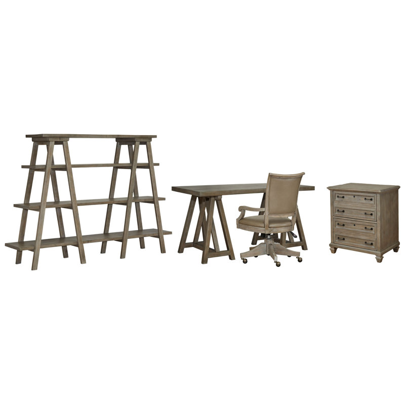 Desk With Chair Lateral File And Bookshelf, 4 Pieces: Desk, Chair, Filing Cabinet, Bookshelf, Dovetail Gray