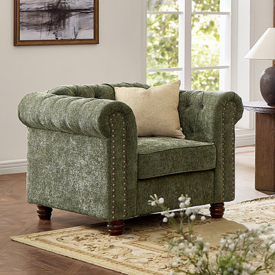 Fauteuil Chesterfield Perry en chenille, canapé moderne de style campagnard avec accoudoirs arrondis et garniture cloutée