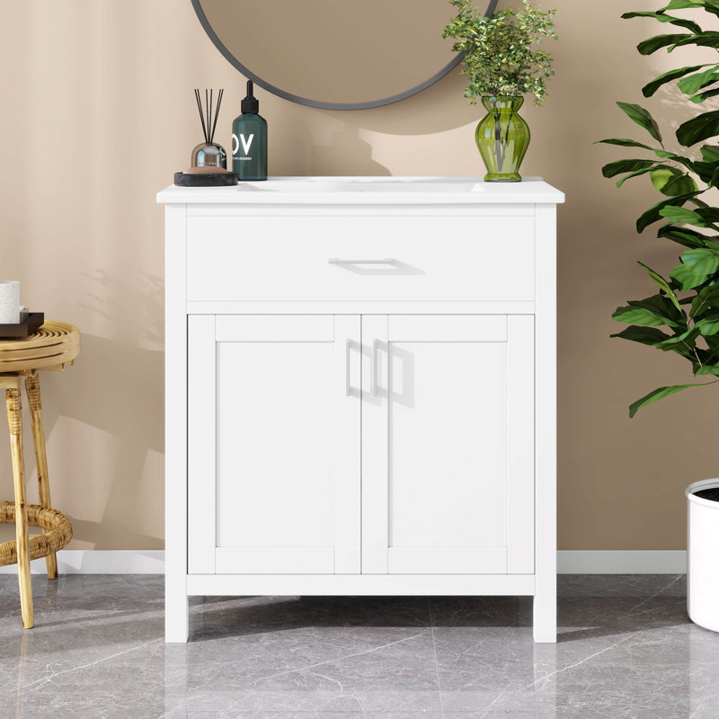 Meuble-lavabo autoportant avec 2 portes à fermeture douce et cadre en bois massif, Blanc