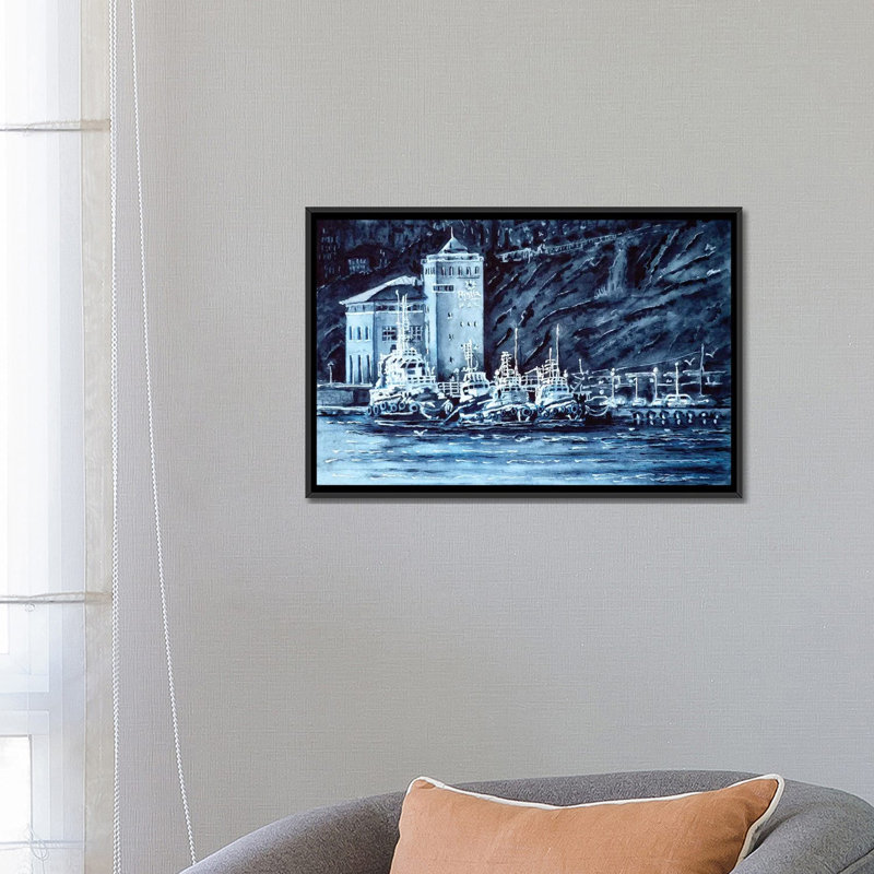 « tugboats », impression sur toile, H 18 po x l 26 po x P 1,5 po, Toile avec cadre noir, Pas de tapis