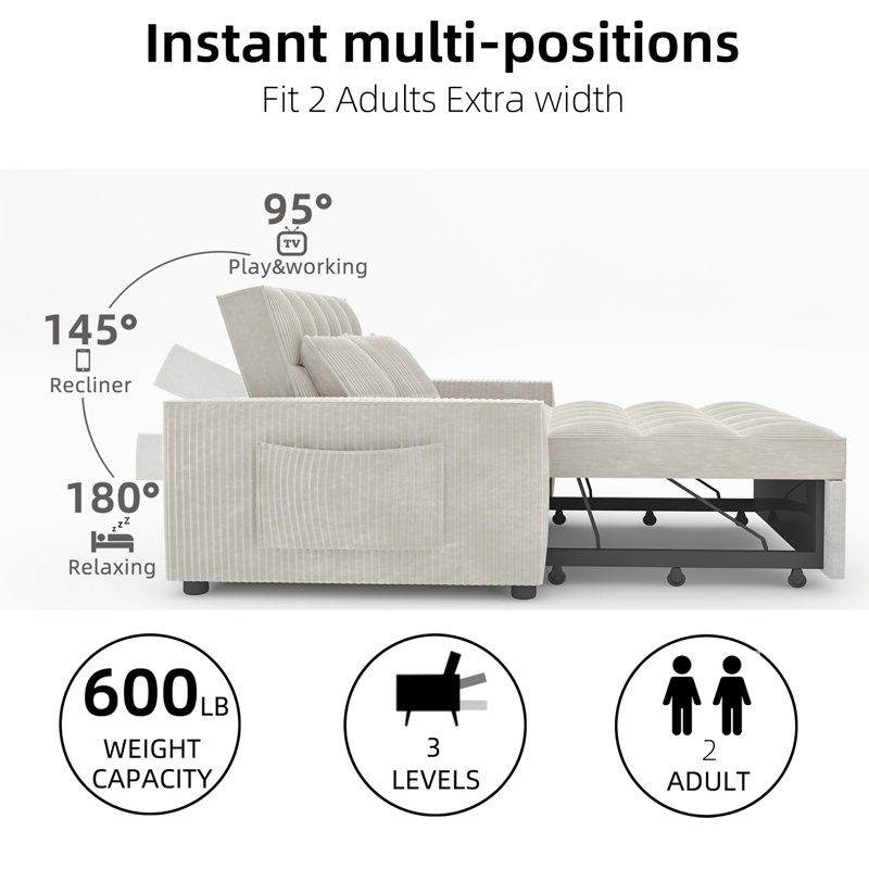 53.2'' Upholstered Convertible Sleeper Sofa, Dark Gray Corduroy