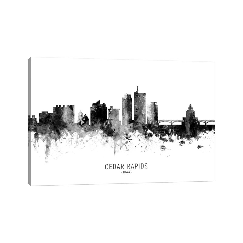 Cedar Rapids Iowa Skyline Name Bw by Michael Tompsett - 1 Piece Wrapped Canvas Wall Art, 66.04 cm H x 45.72 cm W