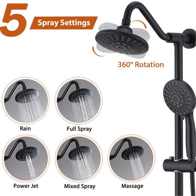 Bathroom Shower System In Matte Black With 6 Inch Rain & Handheld, 2.5 Gpm, Adjustable Slide Bar, 5 Functions Construction Head Gpm Flow, Water Corrosion , Convenient Showering Experience