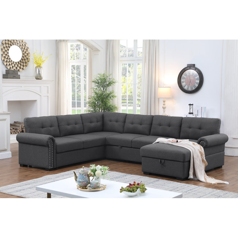 Nazlije Upholstered Pull-Out Sleeper Sectional Chaise with Storage, Dark Gray Polyester