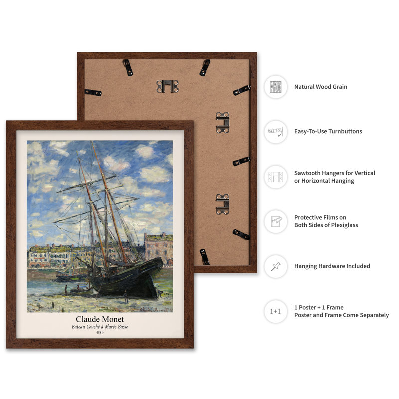 Bateau couché à basse mer, 08"H x 10"W, Poster, Brown Framed