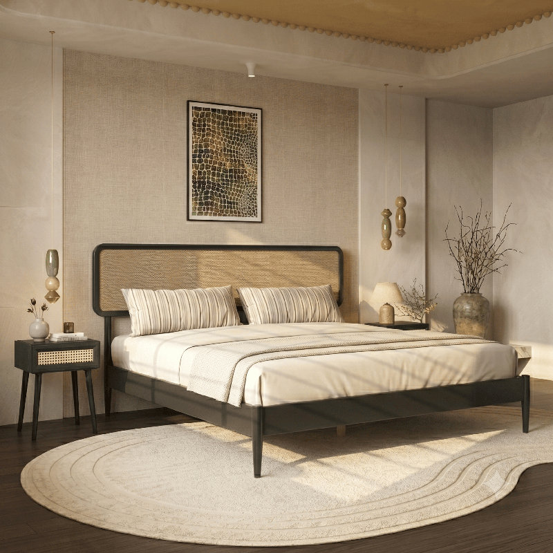 Lit plateforme en bois massif avec tête de lit et lattes silencieuses NTC Lupin, style Mid-Century moderne, capacité de poids de 1000 lb, assemblage sans effort, très grand - noir brûlé