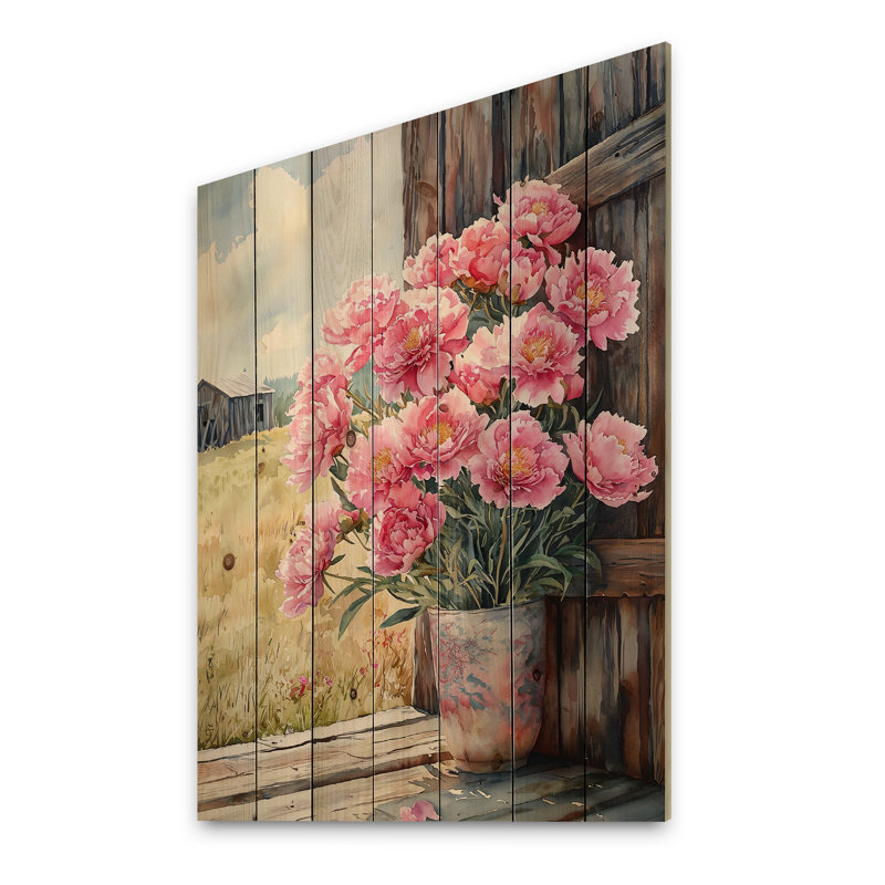 Pivoines dans la brise de basse-cour III - Décoration murale en bois de pivoines - sur bois de pin naturel, H 20 po x l 10 po