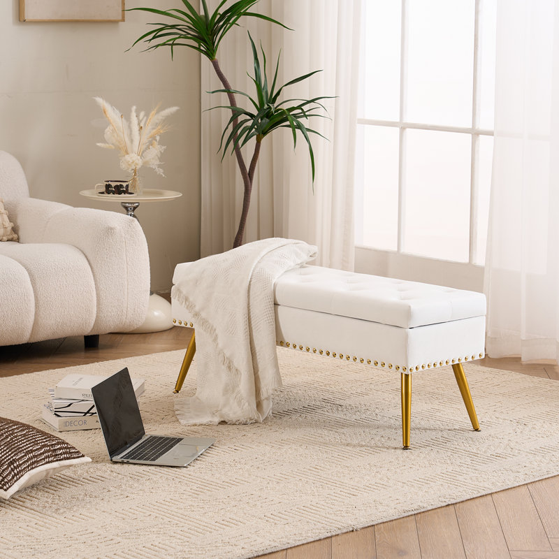 Banc repose-pieds en velours avec rangement, Ivoire, H 16,7 po x l 40 po x P 14,4 po