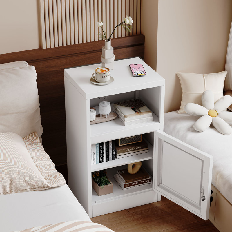 27.56"White Modern Metal Bed Sidetable Nightstand with Locked Doors, White
