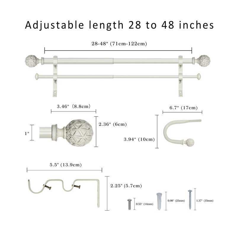 Tringle à rideaux double ajustable Devingo, 28” – 48”, Blanc patiné