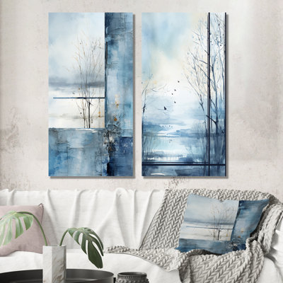 «White and Blue Winter Forest Collage IV - Winter Landscape», ensemble de 2 reproductions d'art en métal