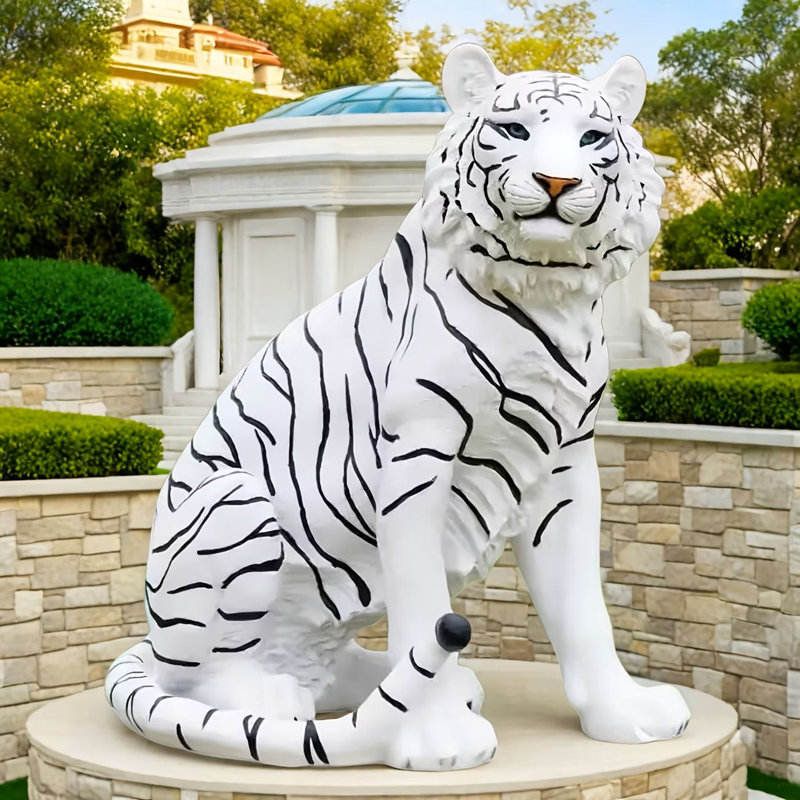 A 20-Inch Tall White Tiger Sculpture Made Of Resin, Designed For Outdoor Decoration In Courtyards, Gardens, And Parks, Representing Peace And Strength