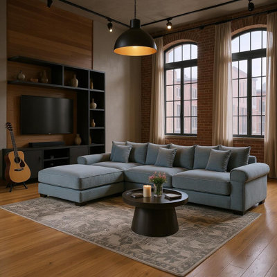 Canapé modulaire en forme de L 130 po, parfait pour le cinéma maison avec méridienne, velours côtelé bleu doux