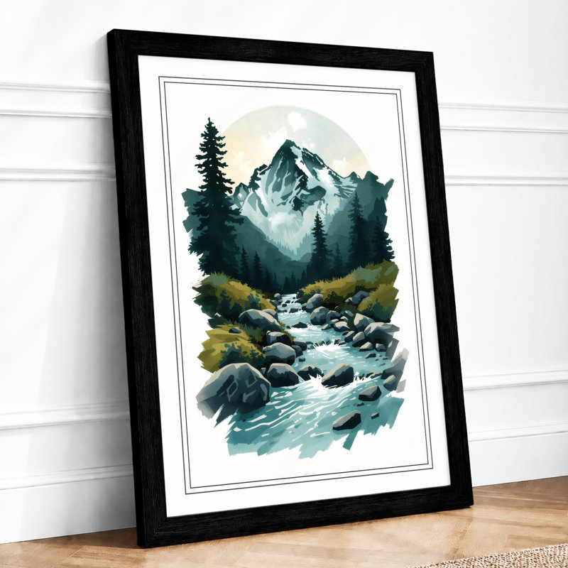 Mountain And Stream Scandinavian - Print, A1 - 84.1 x 59.4 cm, Black