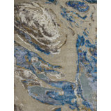 Odyssey Modern Clouds Ocean Coastal Distressed Beige Turquoise Aqua White Wool and Natural Silk Hand-Knotted Area Rug