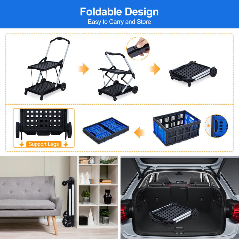 Shopping Cart, Foldable Grocery Cart with Wheels and Removable Storage Crate, Multi Use Mobile Storage Cart Portable Rolling Cart for Home, Groceries, Supermarket