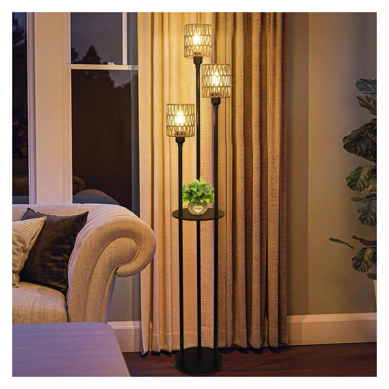 Boho Floor Lamp with Shelves - 3-Light Rattan Standing Lamp with Foot Switch, Rustic Tall Corner Light for Living Room & Bedroom
