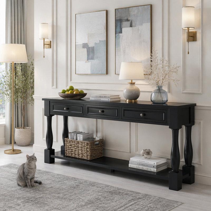 Console 63 po avec tiroirs et tablette pour l'entrée, le couloir et le salon, Espresso, Espresso, Espresso