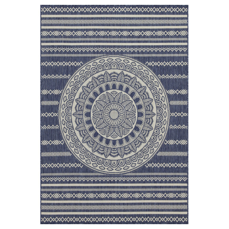 Everette Medallion Stripe Blue Indoor/Outdoor Area Rug, Rectangle 5'3" x 7'3", Blue/White