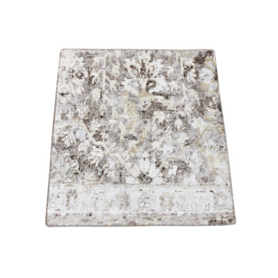 Tapis oriental carré 2 po x 2 po gris clair à motif végétal en soie texturée et en laine texturée, B6DE21954B1F4B2FB12822A7573C8E9E