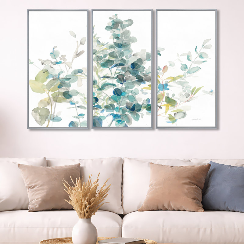 Eucalyptus, élément naturel - ensemble de 3 toiles encadrées traditionnelles, H 32 po x l 48 po, Cadre argenté
