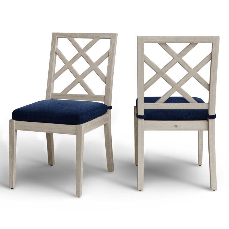Haley Patio Dining Side Chair with Cushions, Oyster Teak, Indigo Velvet, No Welt