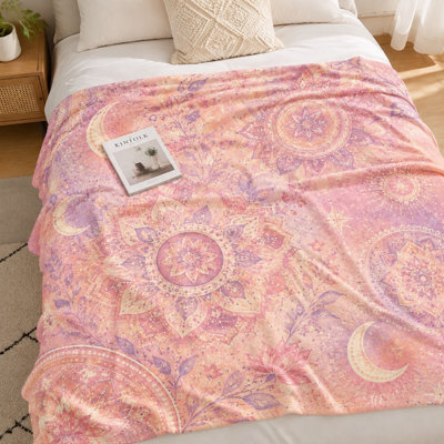 1Pcs Bohemian Mandala Floral Moon Print Fleece Blanket – Single-Sided;Cozy, Warm, and DecorativeMachine WashablePerfect for Sofa Couch Living Room BedroomA Unique Gift HerLightweight Travel Camping. Bedding and sofa items