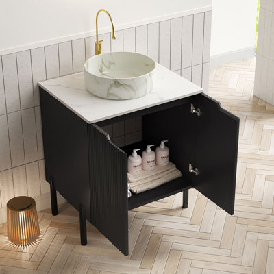 Meuble-lavabo sur pied avec lavabo en céramique, portes doubles à fermeture amortie, armoire en panneaux de particules et MDF
