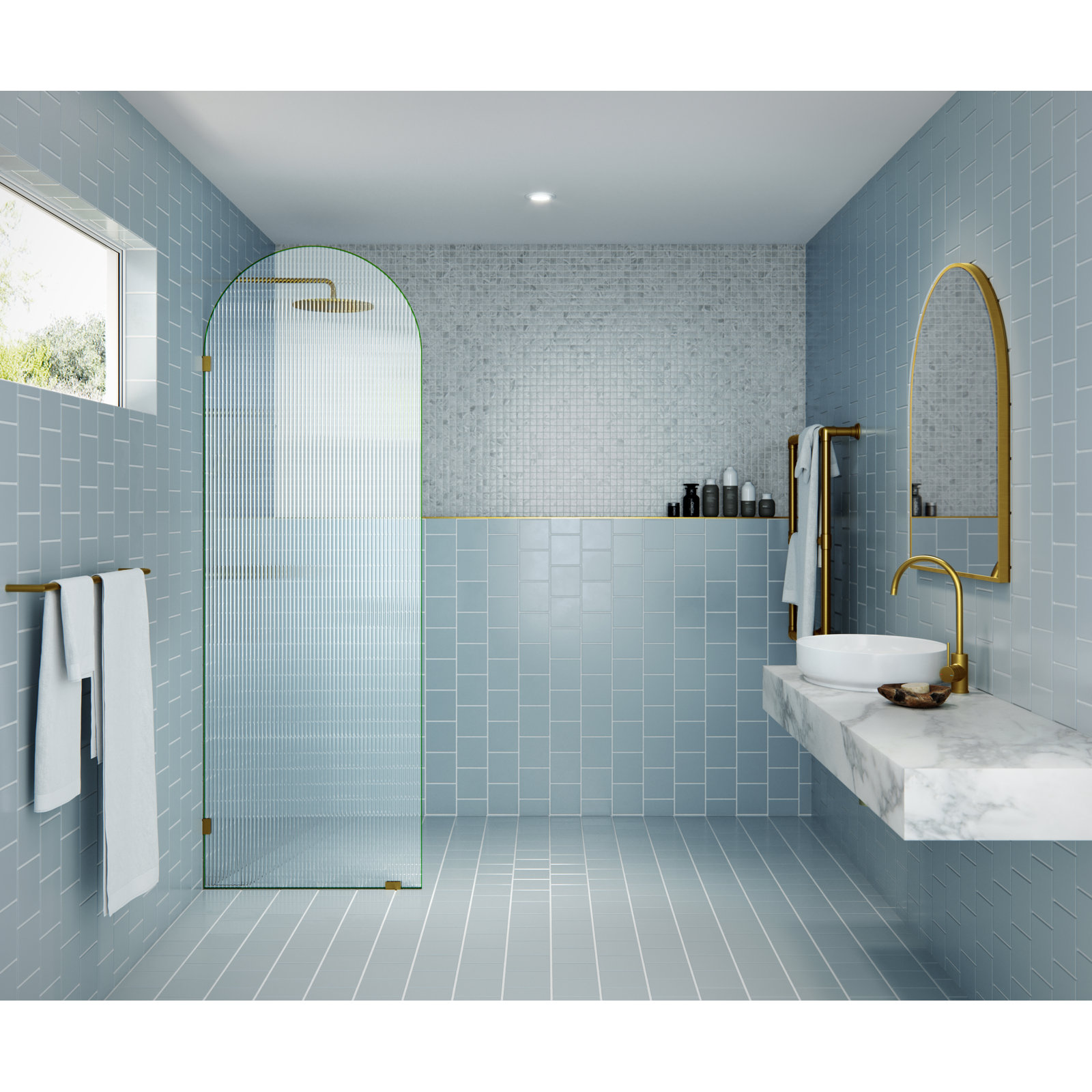 Maven Frameless Arched Fluted Shower Panel, Satin Brass