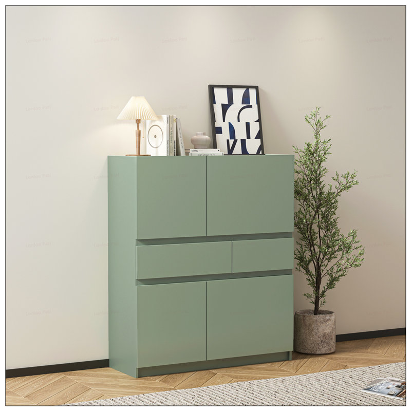 Green Wooden Storage Cabinet With 4 Doors And 2 Drawers, Perfect For Organized And Stylish Home Storage Solutions