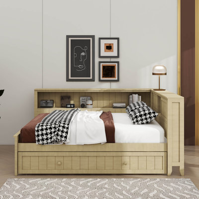 Lit de jour double en bois avec tablettes de rangement et lit gigogne