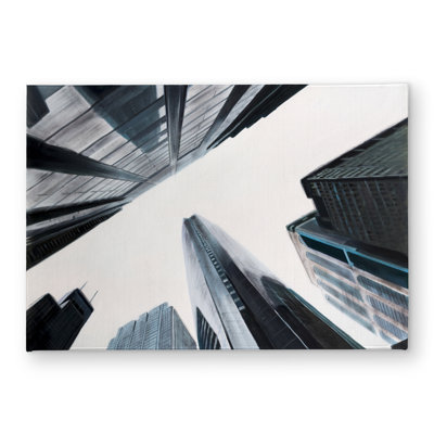 Perspective View of Skyscraper Blue Building Door Mat | Home Decor